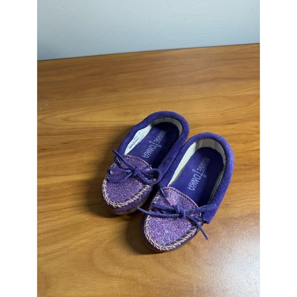 Toddler Girls SZ 7 Minnetonka Purple Glitter Sparkly Suede Leather‎ Moccasins